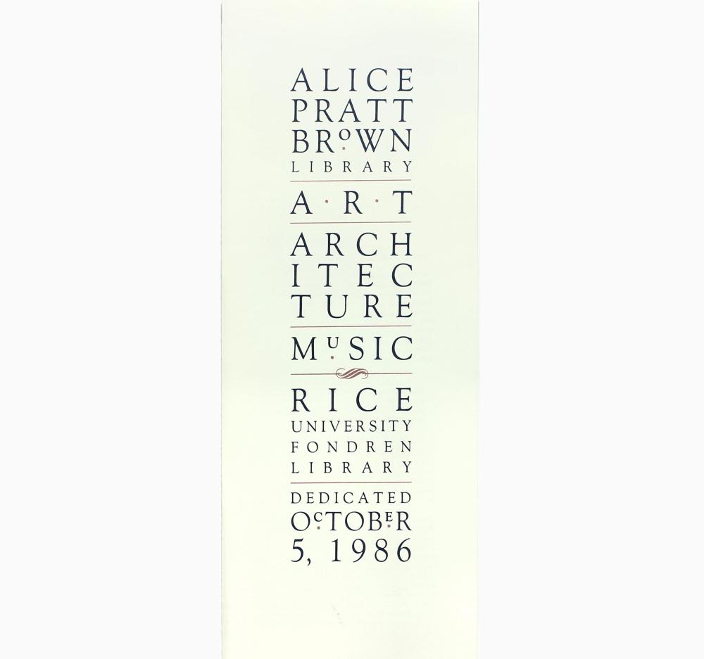 Brochure from Alice Pratt Brown Fine Arts Library dedication, 1986.
